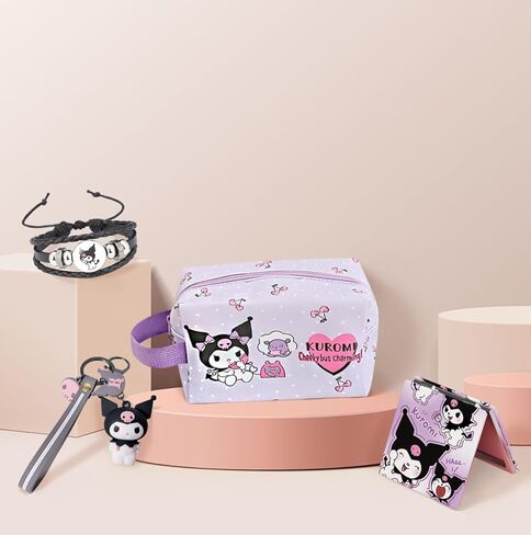 ARIJORJA Kuromi Travel Cosmetic Bag, Large Capacity Zippered PU Bag,Organizer Storagewith Mirror+Bracelets+Keychain+Stickers for Girl Women Valentine's Day Gifts (C) in Kuwait