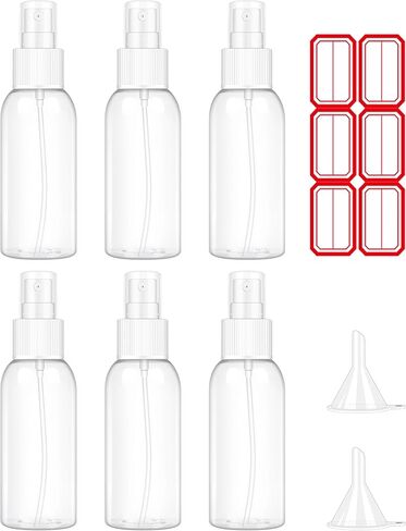 Spray Bottles, 2oz/50ml Clear Empty Fine Mist Plastic Mini Travel Bottle Set, Travel Sized Spray Bottles for Toners, Face & Hair Mist with 2 Funnels and 6pcs Labels (6 Pack) in Kuwait