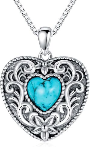 DOLIOX Genuine Heart Turquosie Necklace, Sterling Silver Native Western Vintage Flower Jewelry December Birthstone Birthday Gift for Women, Sterling Silver, Turquoise in Saudi Arabia