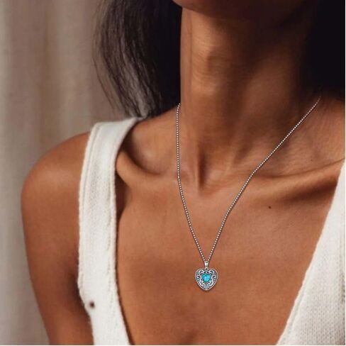 DOLIOX Genuine Heart Turquosie Necklace, Sterling Silver Native Western Vintage Flower Jewelry December Birthstone Birthday Gift for Women, Sterling Silver, Turquoise in Saudi Arabia
