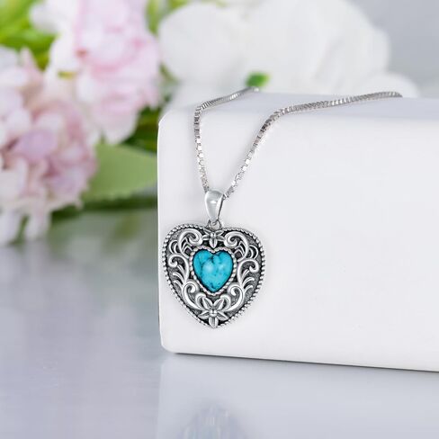 DOLIOX Genuine Heart Turquosie Necklace, Sterling Silver Native Western Vintage Flower Jewelry December Birthstone Birthday Gift for Women, Sterling Silver, Turquoise in Saudi Arabia