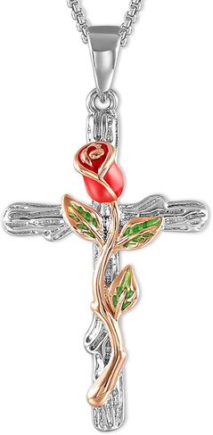 SNZM الصليب قلادة قلادة للنساء روز زهرة قلادة مجوهرات لعيد الميلاد عيد ميلاد عيد الحب قلادة للنساء 18 مع 2 بوصة in Kuwait