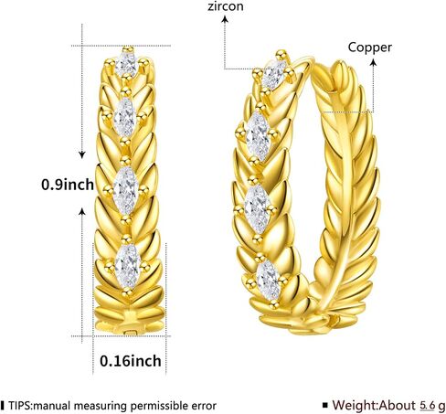 14K Gold/White Plated Lightweight Wheat Circle Hoop Earrings for Women,Small Marquise Cubic Zirconia Earrings Hypoallergenic Everyday Jewelry in Saudi Arabia