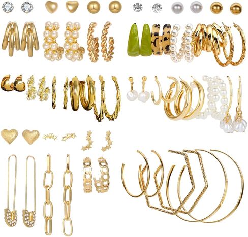 ZOVOLI 33 Pairs Gold Hoop Earrings Set for Women Multipack Chunky Pearl Twisted Small Big Hoops Earring Packs Set Fashion Statement Trendy Earrings Cute Earrings for Girls Aesthetic Gold Earrings in Kuwait