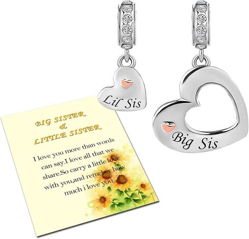 Big Sister Little Sister Birthday Jewelry Love Heart Dangle Charms Compatible with Pandora Charm Bracelets Necklace sets for 2 for Women Message Card in Saudi Arabia