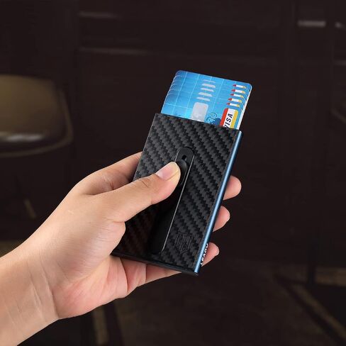 Leaov Minimalist Credit Card Holder wallet Pop Up Cards for Men, with Money Pocket，RFID Blocking Carbon Fiber Slim Metal Case(Navy Blue) in Saudi Arabia