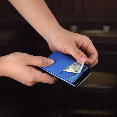 Leaov Minimalist Credit Card Holder wallet Pop Up Cards for Men, with Money Pocket，RFID Blocking Carbon Fiber Slim Metal Case(Navy Blue) in Saudi Arabia