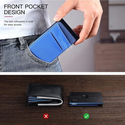 Leaov Minimalist Credit Card Holder wallet Pop Up Cards for Men, with Money Pocket，RFID Blocking Carbon Fiber Slim Metal Case(Navy Blue) in Saudi Arabia