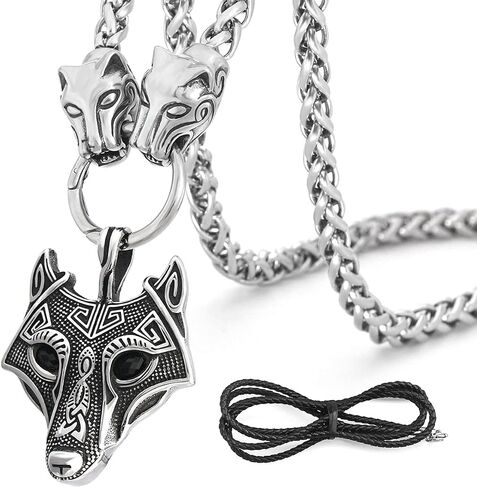 BAVIPOWER Viking Amulet Pendant with Big Wolf Head Chain Necklace 316L Stainless Steel Norse Scandinavian Necklace Authentic Viking in Saudi Arabia