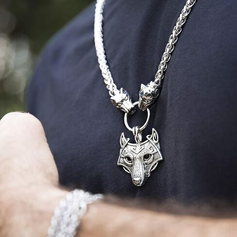 BAVIPOWER Viking Amulet Pendant with Big Wolf Head Chain Necklace 316L Stainless Steel Norse Scandinavian Necklace Authentic Viking in Saudi Arabia