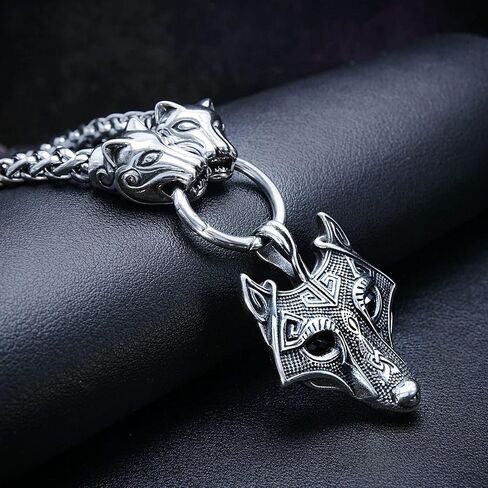 BAVIPOWER Viking Amulet Pendant with Big Wolf Head Chain Necklace 316L Stainless Steel Norse Scandinavian Necklace Authentic Viking in Saudi Arabia