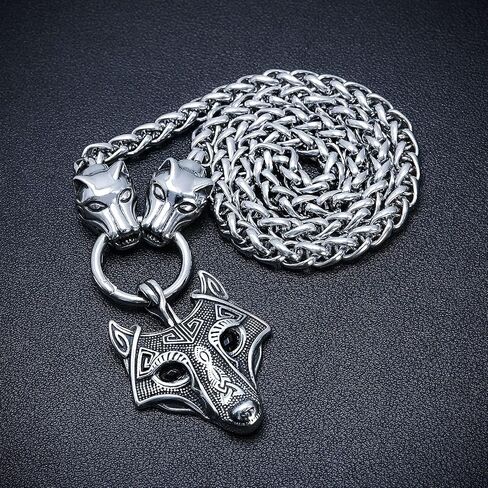 BAVIPOWER Viking Amulet Pendant with Big Wolf Head Chain Necklace 316L Stainless Steel Norse Scandinavian Necklace Authentic Viking in Saudi Arabia