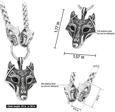 BAVIPOWER Viking Amulet Pendant with Big Wolf Head Chain Necklace 316L Stainless Steel Norse Scandinavian Necklace Authentic Viking in Saudi Arabia