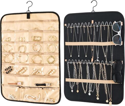 Hanging Jewelry Organizer for Closet - Necklace Earring Sunglasses Tie Holder Organizer with Dustproof Cover and Rotating Metal Hook - Jewelry Storage Display Stand 1 Piece, Large, Black in Saudi Arabia