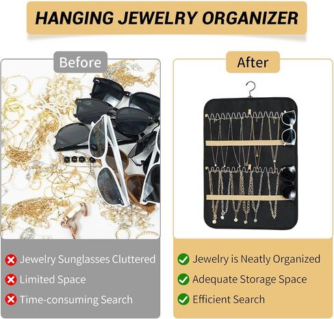 Hanging Jewelry Organizer for Closet - Necklace Earring Sunglasses Tie Holder Organizer with Dustproof Cover and Rotating Metal Hook - Jewelry Storage Display Stand 1 Piece, Large, Black in Saudi Arabia