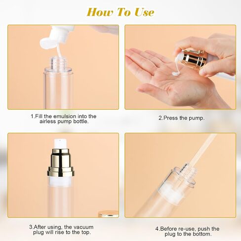 4 Pack 30ml/1oz Clear Airless Pump Bottle Plastic Vacuum Pump Press Container Empty Lotion Dispenser for Cream Toiletries Liquid Foundation Cosmetic Sample Travel - Gold in Saudi Arabia