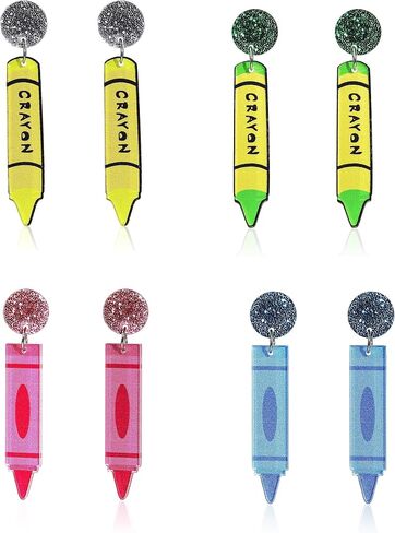 Cute Crayon Teachers Earrings for Women Girls Funny Pencil Book Acrylic Wooden Drop Dangle Earrings Set for Teachers Appreciation Day Back to School Creative Jewelry Gifts in Saudi Arabia