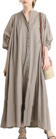 chouyatou Women's Loose Bishop Sleeve Maxi Shirt Dress Spring Summer Cotton Button Down Dress in Saudi Arabia