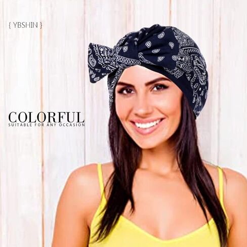 YBSHIN African Pre-Tied Bow Bowknot Headwrap Black Turban Bonnet Beanie Cap Headband Headwear for Women and Girls in Kuwait