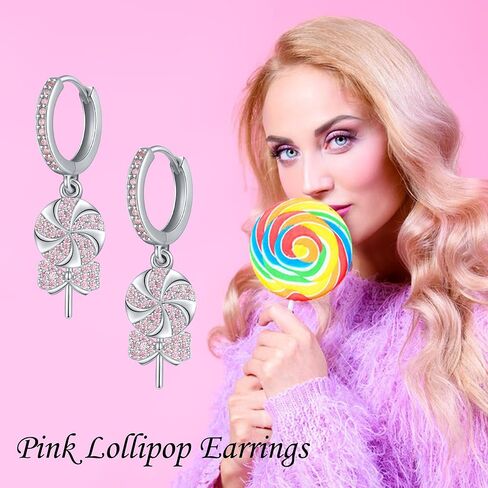 HUKKUN Lollipop Earrings Sterling Silver Pink Lollipop Candy Pendant Drop Earrings Valentine Jewelry Valentine's Day Gift for Women Girls in Saudi Arabia