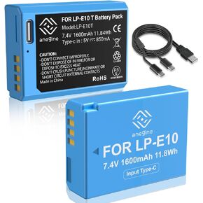 LP-E10 Battery 1600mAh and 2 in 1 USB-C Charging Cable for Canon EOS Rebel T3/T5/T6/T7/T100, Kiss X50/X70/X80/X90, EOS 1100D/1200D/1300D/1500D/2000D/3000D/4000D Digital SLR Cameras (2-Pack)