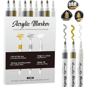 Acrylic Paint Pens Markers,9 Pack Acrylic Markers, 2-3mm Medium Tip, White Gold Silver Paint Pen for Art Projects, Drawing, Rock Painting, Ceramic, Glass, Wood, Plastic, Metal, Canvas DIY Crafts