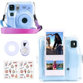 CAIYOULE Clear Case for Fujifilm Instax Mini SE Camera Protective Case with Back Photo Storage Pocket, Selfie Mirror, Stickers and Adjustable Shoulder Strap