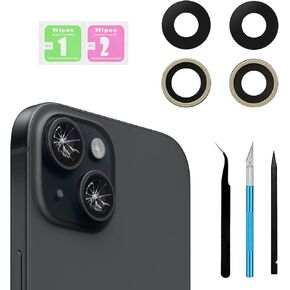 Back Rear Camera Lens Glass Replacement for iPhone 15 and iPhone 15 Plus Camera Glass Replacement with pre-Installed Adhesive and Reparing Toolkits