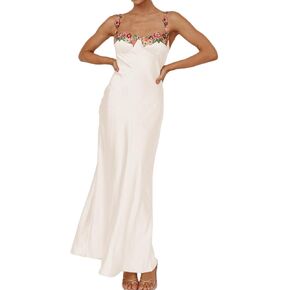 فستان ماكسي مثير من الساتان بحمالات رفيعة ومطرز بالزهور للنساء بياقة على شكل قلب بدون ظهر وبدون أكمام وفتحة ميدي in Kuwait