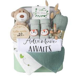 Baby Gift Set Baby Shower Gifts Basket for Newborns New Born Baby Sage Green Gift Basket with Baby Rattle Swaddle Blanket Security Blanke for Gender Neutral Baby Girls Boys