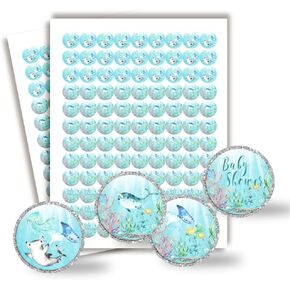 Underwater Cute Sea Life Baby Sprinkle Baby Shower Kiss Sticker Labels, 300 Party Circle Stickers sized 0.75" for Chocolate Drop Kisses by Amanda Creation, Great for Favors, Treats, Envelope Seals &