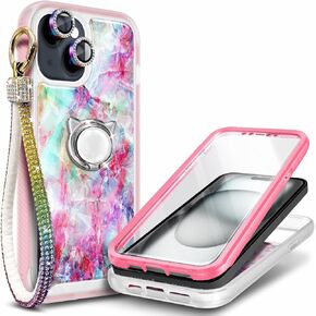 YZB Designed for iPhone 13 Pro Max Case with [Built-in Screen Protector] /Camera Lens Protector/Diamond Wrist Strap Lanyard/Ring Holder, Full Body Protectionf Bumper Case (Rose Gold)