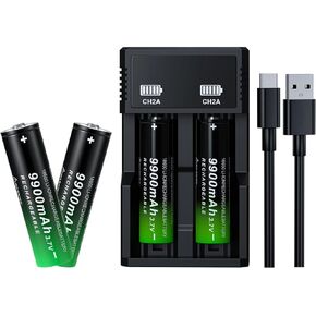 18650 Rechargeable Battery 3.7Volt Button Top 9900mAh High Capacity for LED Flashlights Headlamps(4 Pack,18650 Battery+Charger)