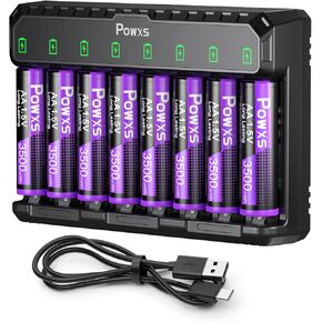 POWXS 3500mWh High Power Rechargeable Lithium AA Batteries with Charger, Ultra Long Lasting 1.5V Lithium Batteries AA 8 Pack and Universal AA Battery Charger