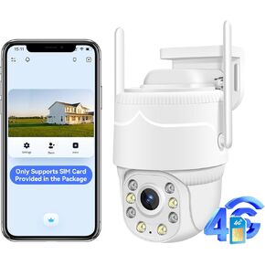 4G LTE Cellular Security Camera Outdoor/Home/Dome,No WiFi Camera Plug-in Power,Pan-Tilt 355° View,Motion Detection and Siren,2-Way Audio,Full Color Night Vision,Waterproof(SIM Card Included)