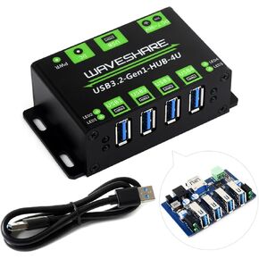 Waveshare 4-Ch USB 3.2 Gen1 HUB, Compatible with Windows, macOS, Linux and Android, Metal Case with Wall-Mount Support, Driver-Free, Plug-and-Play