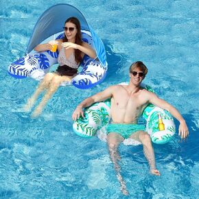 Extra Large Pool Float with Canopy for Adults Inflatable Water Toy Pool Chair Pool Lounge with Shade, 2 Cup Holder, Ergonomic Headrest