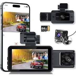 3 Channel 4K Dash Cam, 1080P Dash Cam Front and Rear Inside, Dash Camera for Cars, Car Camera with 64GB Card, G-Sensor, 24Hr Parking, Loop Recording, IR Night Vision, 3" LCD