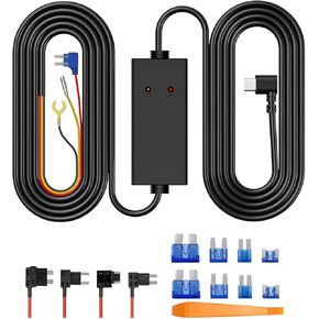 11.5ft Type-C Dash Cam Hardwire Kit (V5F), 12V-24V to5V 3A Car Dashboard Cam Charger Power Cable with 4 Fuse Taps, Low Voltage Protection for V200、V200Pro、V300、S80、VT10