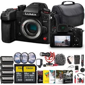 Panasonic Lumix GH7 Mirrorless Camera + 2 x 64GB SF-M Series Memory Card + LED Light + Rode Mic + Photo Editing Software + Bag + 3 x DMW-BLK22 Battery + Card Reader + Charger + LED Light + More