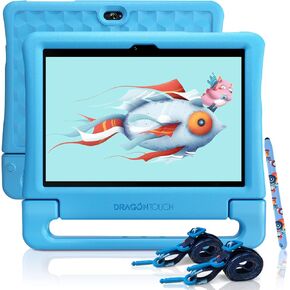 Dragon Touch Kids Tablet 10 inch IPS HD Display Android Tablets with 32GB Storage, 2GB RAM, Quad Core Processor, KIDOZ Pre-Installed, Kid-Proof Case, Shoulder Strap and Stylus, WiFi Only – Blue