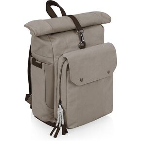 PICNIC TIME Carmel Roll Top Picnic Backpack Cooler مع مجموعة أواني، حقيبة ظهر تبريد معزولة من القماش للغداء والمشي لمسافات طويلة، حقيبة تبريد الشاطئ، حقيبة نزهة، (أسمر)