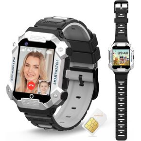 PTHTECHUS 4G Kids Smart Watch, Watch with SIM Card WiFi GPS Tracker,Video Calling,Voice Chat,School Mode SOS Emergency Alarm Camera Phone Smartwatch for Girls Boys Silver