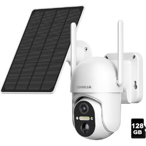 SEHMUA Solar Outdoor Camera Wireless, 2K 360° View Battery Powered Solar Security Camera with 128GB Memory Card, WiFi Home Security with Spotlight Color Night Vision, PIR Sensor