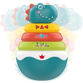 PlenPLAY Baby Tummy Time Toys - Dino Stacking Toys for Age 6+ Months, Weeble Wobble Toys for Babies 6 9 12 Months, Stacking Rings STEM Learning Toy, Sensory Learning Toy (Dinosaur)