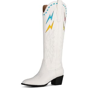 Synchoiss Cowboy Boots for Women Wide Calf Chunky Heel Knee High Cowgirl Boots Classic Embroidered Pointed Toe Western Boots Pull on Rubber Sole Tall Boots