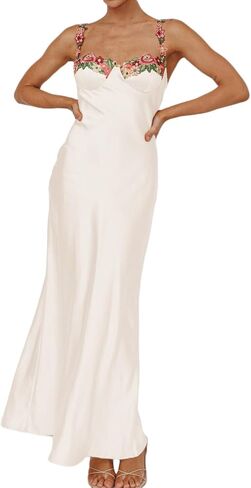 فستان ماكسي مثير من الساتان بحمالات رفيعة ومطرز بالزهور للنساء بياقة على شكل قلب بدون ظهر وبدون أكمام وفتحة ميدي in Kuwait