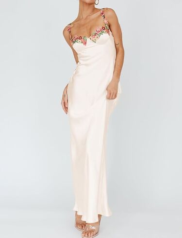 فستان ماكسي مثير من الساتان بحمالات رفيعة ومطرز بالزهور للنساء بياقة على شكل قلب بدون ظهر وبدون أكمام وفتحة ميدي in Kuwait