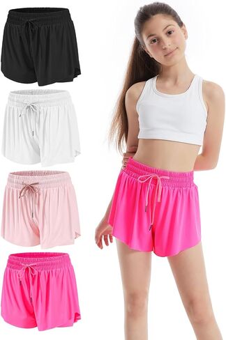 3-4 Packs Girls Flowy Butterfly Shorts Athletic 2 in 1 Running Active Skirt Shorts, Workout Shorts for Kids Teens in Kuwait