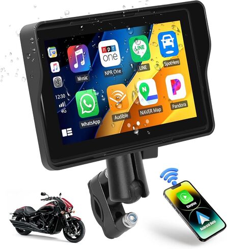 شاشة CAMECHO للدراجات النارية CarPlay، 5 بوصات مقاومة للماء محمولة لاسلكية Apple Carplay Android Auto للدراجات النارية، شاشة لمس ستيريو للسيارة تدعم بلوتوث مزدوج، وصلة مرآة، EQ، التحكم الصوتي Siri in Kuwait